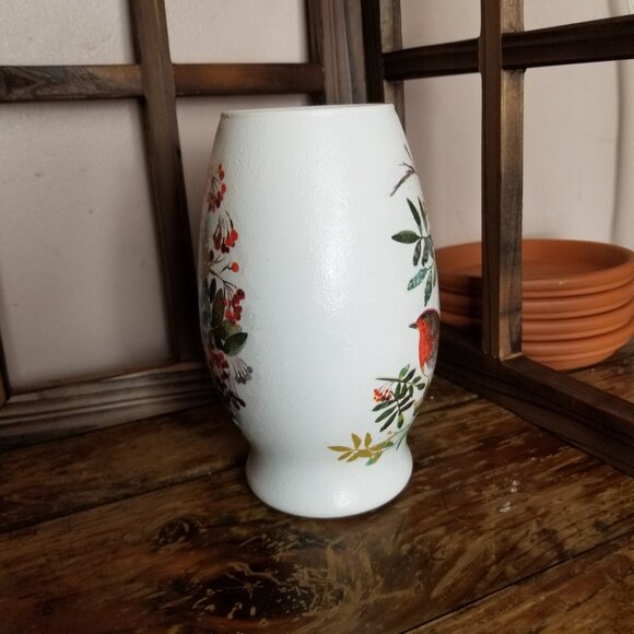 Robins & Holly Berries Glass Vase, Painted Decoupaged Vase, 7 Inch Height - Picture 3 of 7